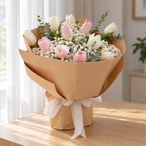 Melody Pink & White Tulip Bouquet — full product photograph in natural window light.