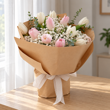 Melody Pink & White Tulip Bouquet — full product photograph in natural window light.