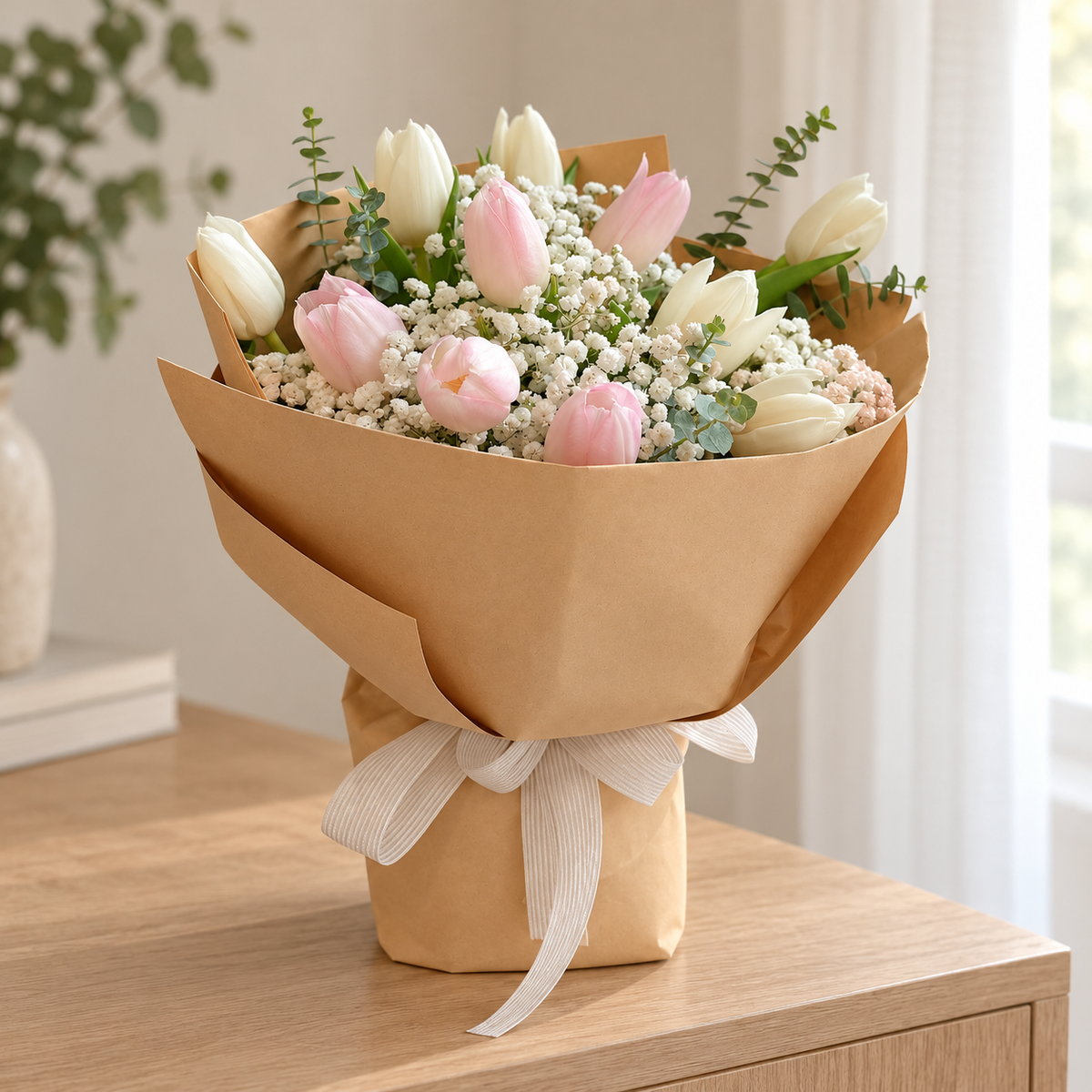 Melody Pink & White Tulip Bouquet — alternate full product photograph in a neutral interior.