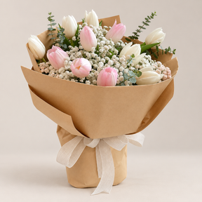 Melody Pink & White Tulip Bouquet — professional studio product photograph.