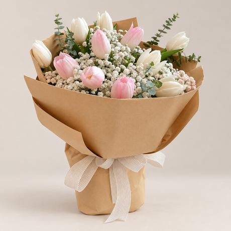 Melody Pink & White Tulip Bouquet — professional studio product photograph.