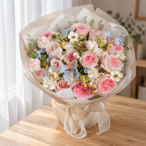 Myst Pink Rose & Carnation Bouquet — full product photograph in natural window light.