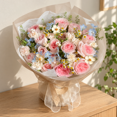 Myst Pink Rose & Carnation Bouquet — alternate full product photograph in a neutral interior.