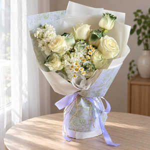 Noir Ink Green-Tinted White Rose Bouquet — full product photograph in natural window light.