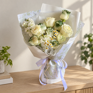 Noir Ink Green-Tinted White Rose Bouquet — alternate full product photograph in a neutral interior.