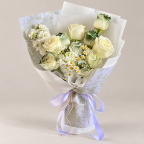 Noir Ink Green-Tinted White Rose Bouquet — professional studio product photograph.