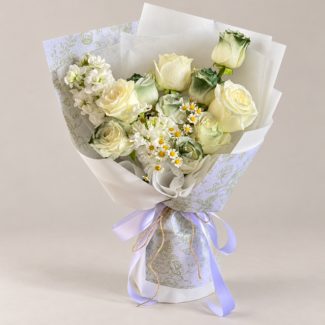 Noir Ink Green-Tinted White Rose Bouquet — professional studio product photograph.