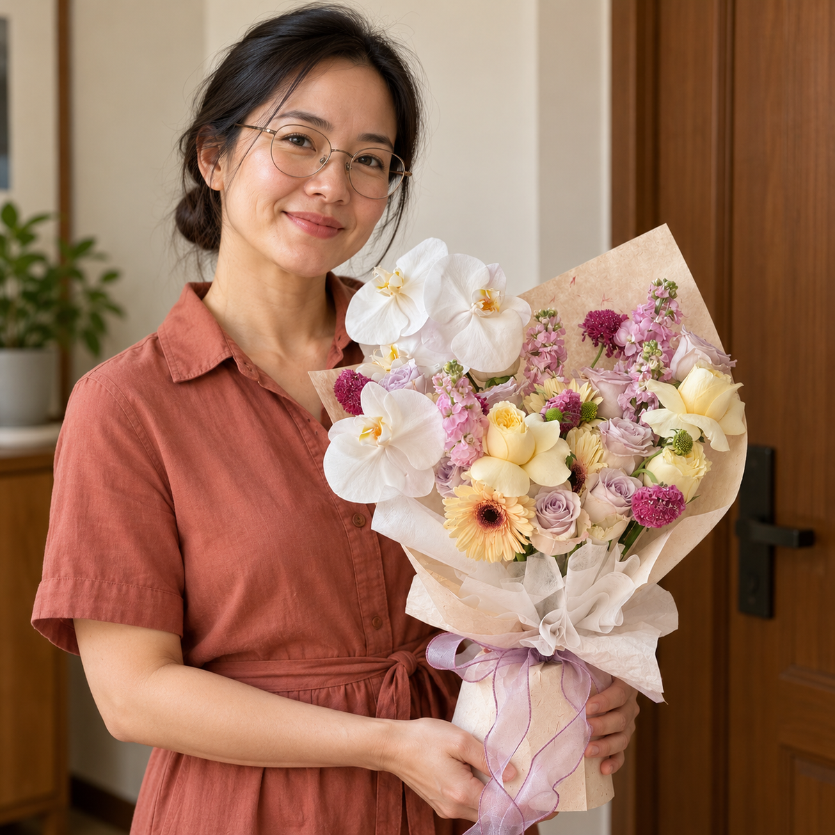 Palette Orchid, Gerbera & Rose Bouquet (Cat-Safe) held by the recipient.