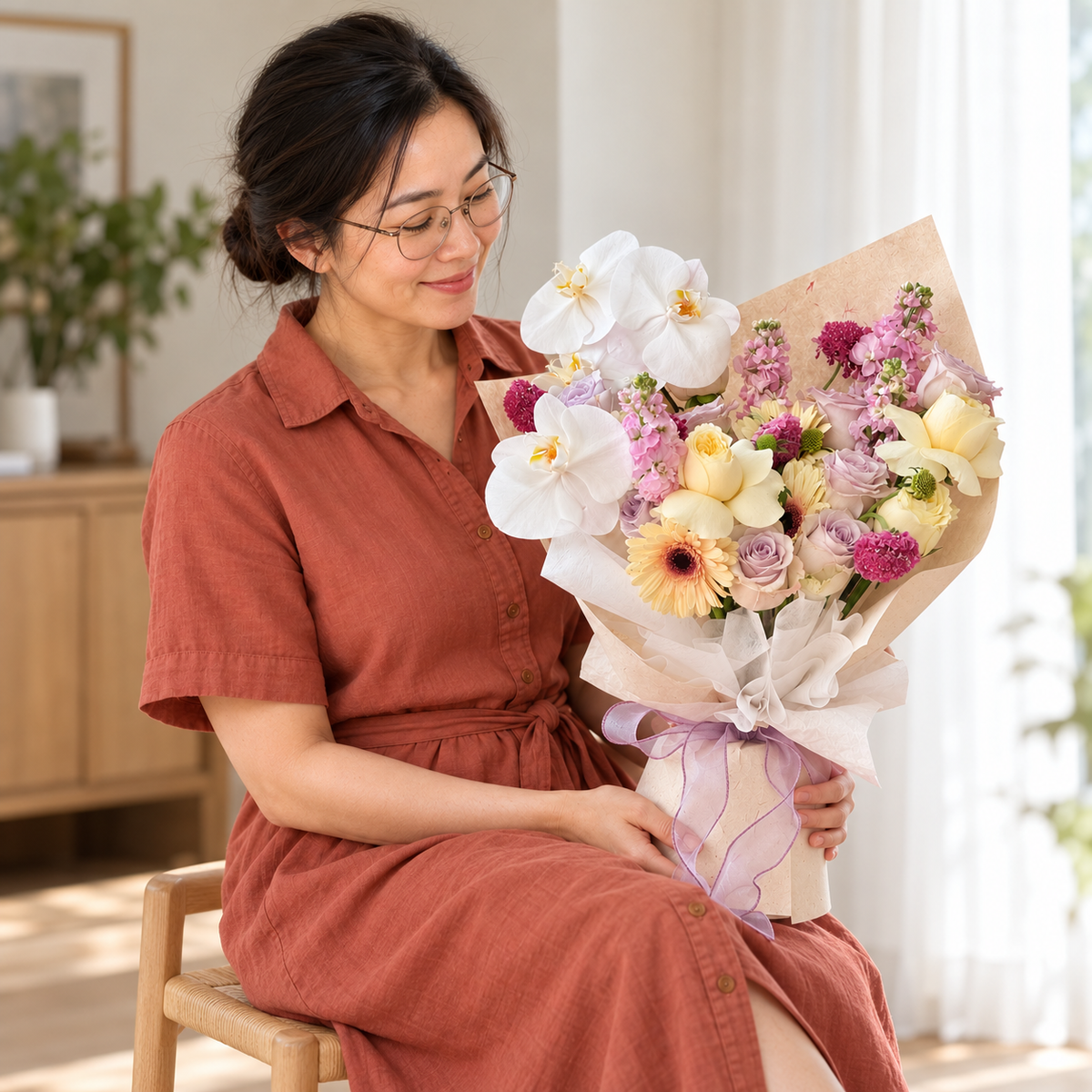 Palette Orchid, Gerbera & Rose Bouquet (Cat-Safe) held by the same recipient in a seated candid pose.