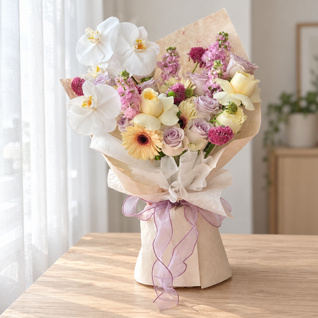 Palette Orchid, Gerbera & Rose Bouquet (Cat-Safe) — full product photograph in natural window light.