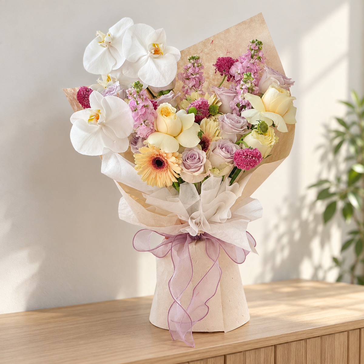 Palette Orchid, Gerbera & Rose Bouquet (Cat-Safe) — alternate full product photograph in a neutral interior.