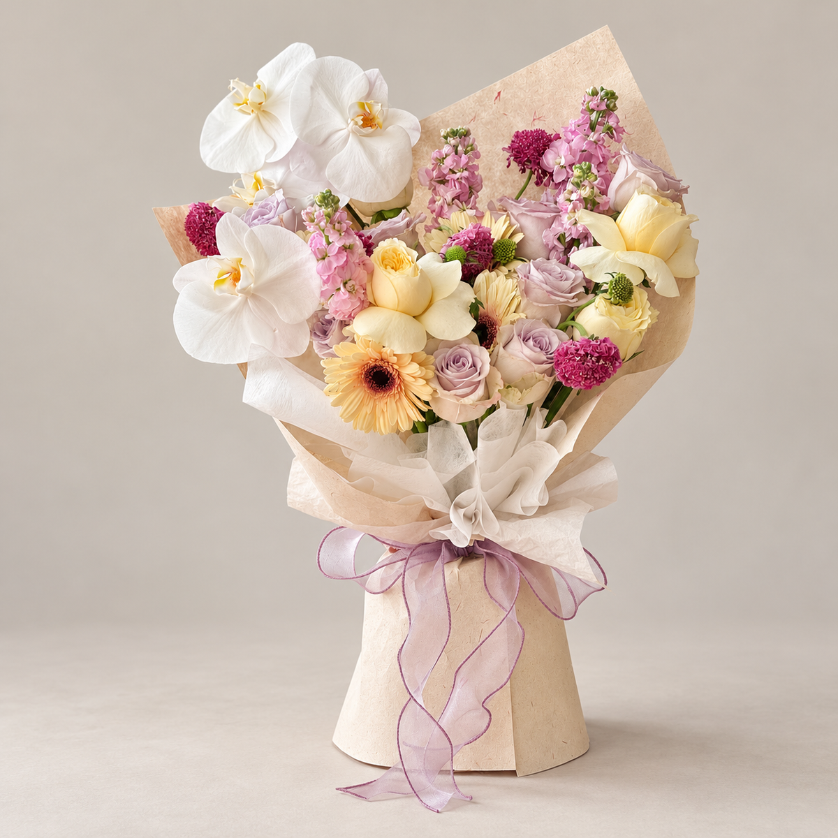 Palette Orchid, Gerbera & Rose Bouquet (Cat-Safe) — professional studio product photograph.