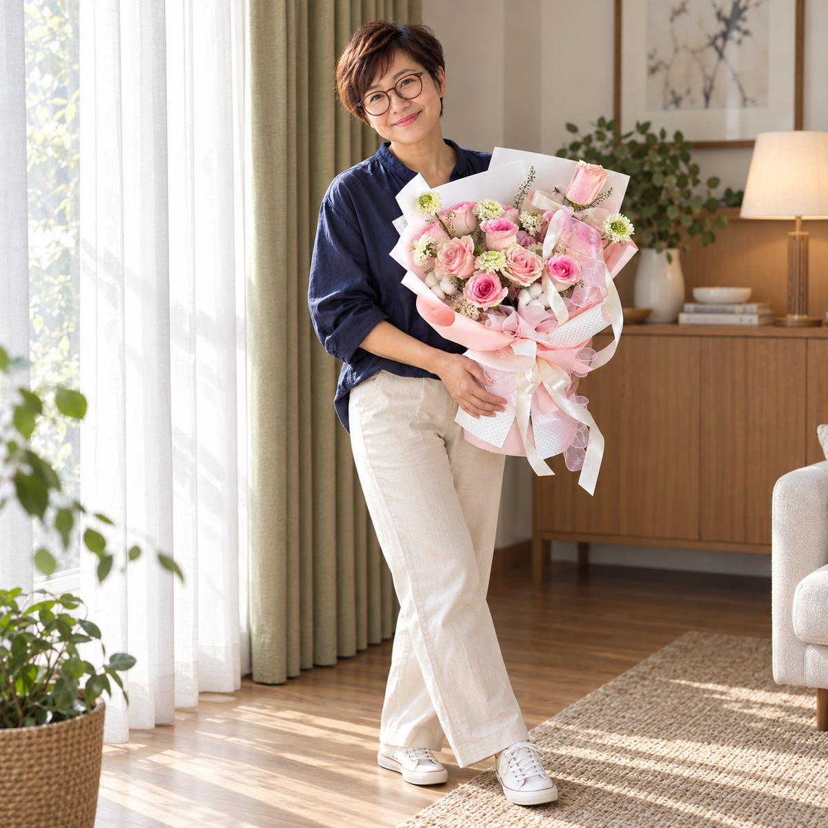 Poème Pink Rose & Hydrangea Bouquet held by the same recipient in a wider standing pose.