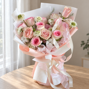 Poème Pink Rose & Hydrangea Bouquet — full product photograph in natural window light.