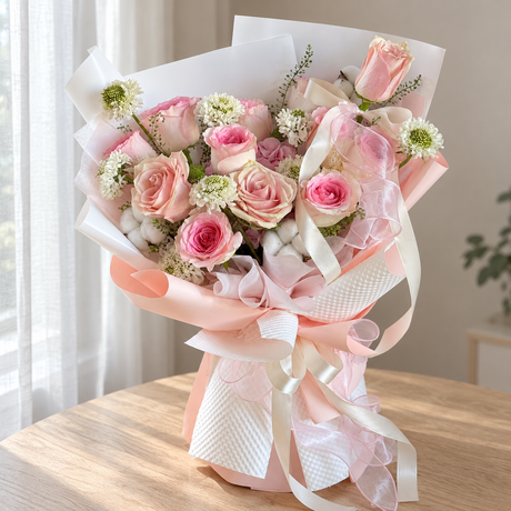 Poème Pink Rose & Hydrangea Bouquet — full product photograph in natural window light.