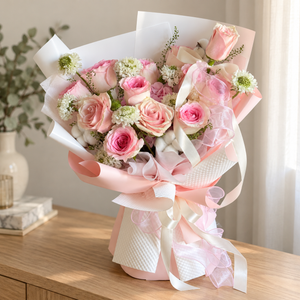 Poème Pink Rose & Hydrangea Bouquet — alternate full product photograph in a neutral interior.