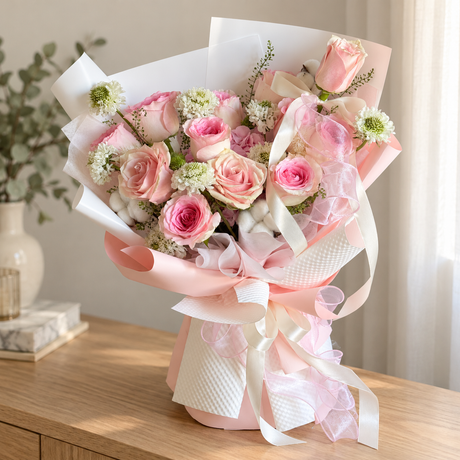 Poème Pink Rose & Hydrangea Bouquet — alternate full product photograph in a neutral interior.