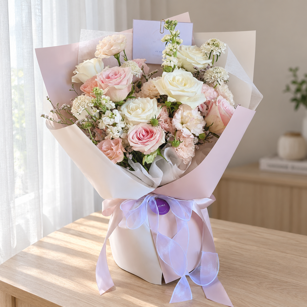Radiance Pink & White Rose Bouquet (Cat-Safe) — full product photograph in natural window light.