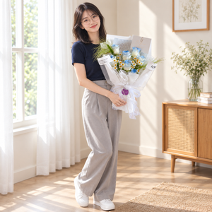 River Bleu Blue Rose Bouquet held by the same recipient in a wider standing pose.