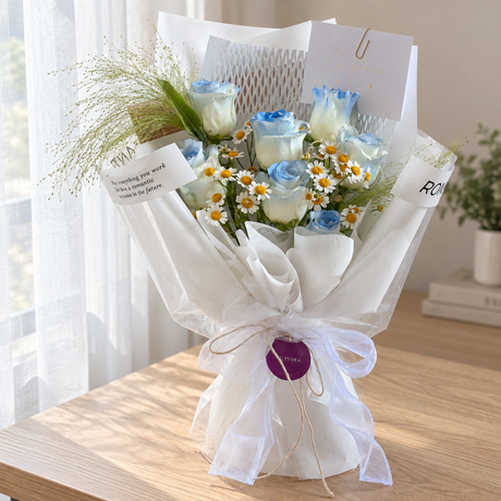 River Bleu Blue Rose Bouquet — full product photograph in natural window light.