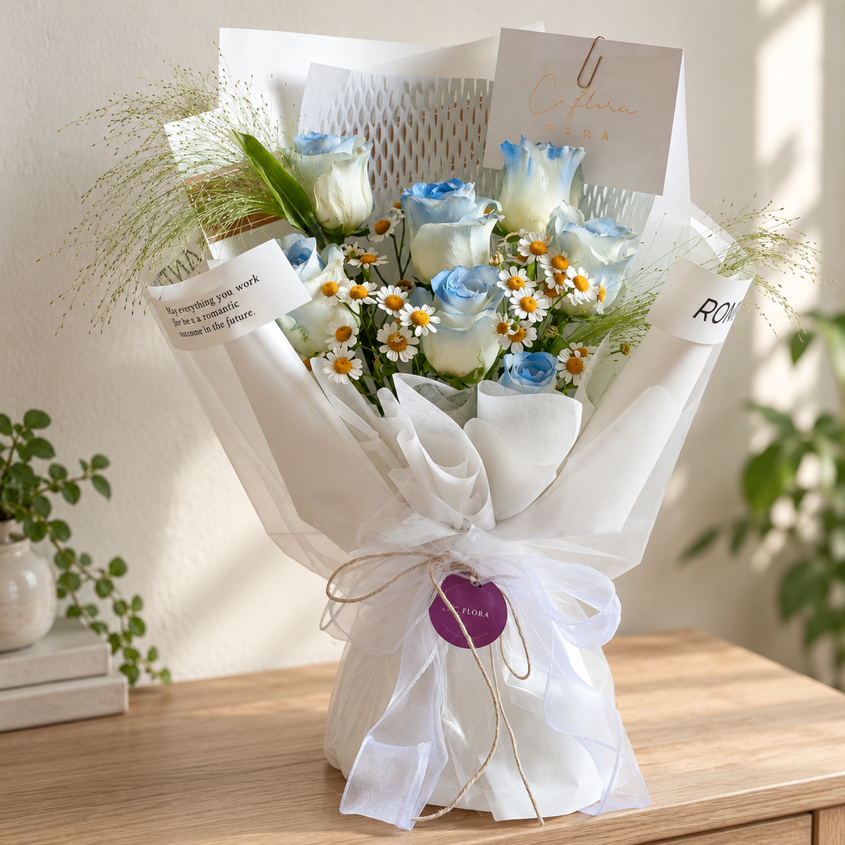 River Bleu Blue Rose Bouquet — alternate full product photograph in a neutral interior.