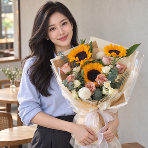 Saffron Cappuccino Sunflower & Rose Bouquet held by the recipient.