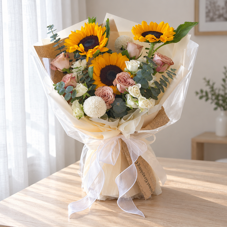 Saffron Cappuccino Sunflower & Rose Bouquet — full product photograph in natural window light.