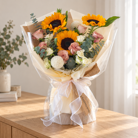 Saffron Cappuccino Sunflower & Rose Bouquet — alternate full product photograph in a neutral interior.