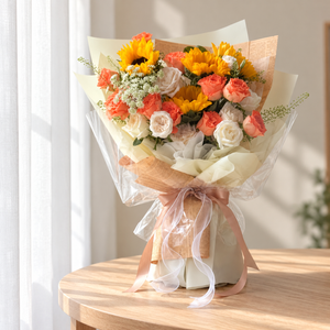 Saffron Sunflower & Orange Rose Bouquet — full product photograph in natural window light.