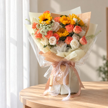 Saffron Sunflower & Orange Rose Bouquet — full product photograph in natural window light.