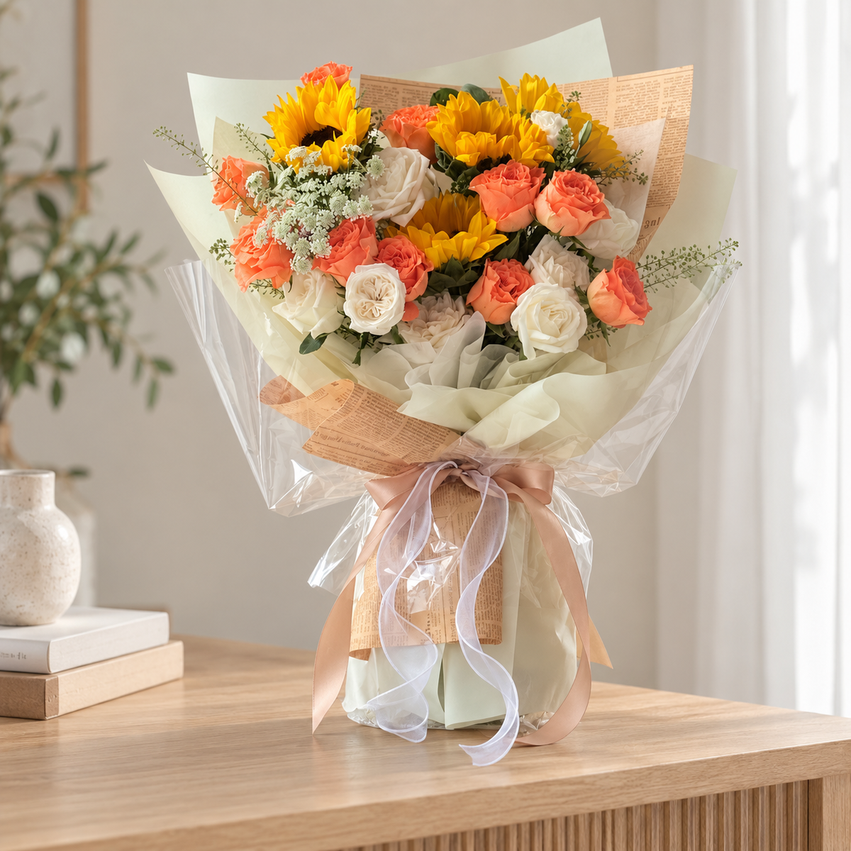 Saffron Sunflower & Orange Rose Bouquet — alternate full product photograph in a neutral interior.