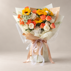 Saffron Sunflower & Orange Rose Bouquet — professional studio product photograph.
