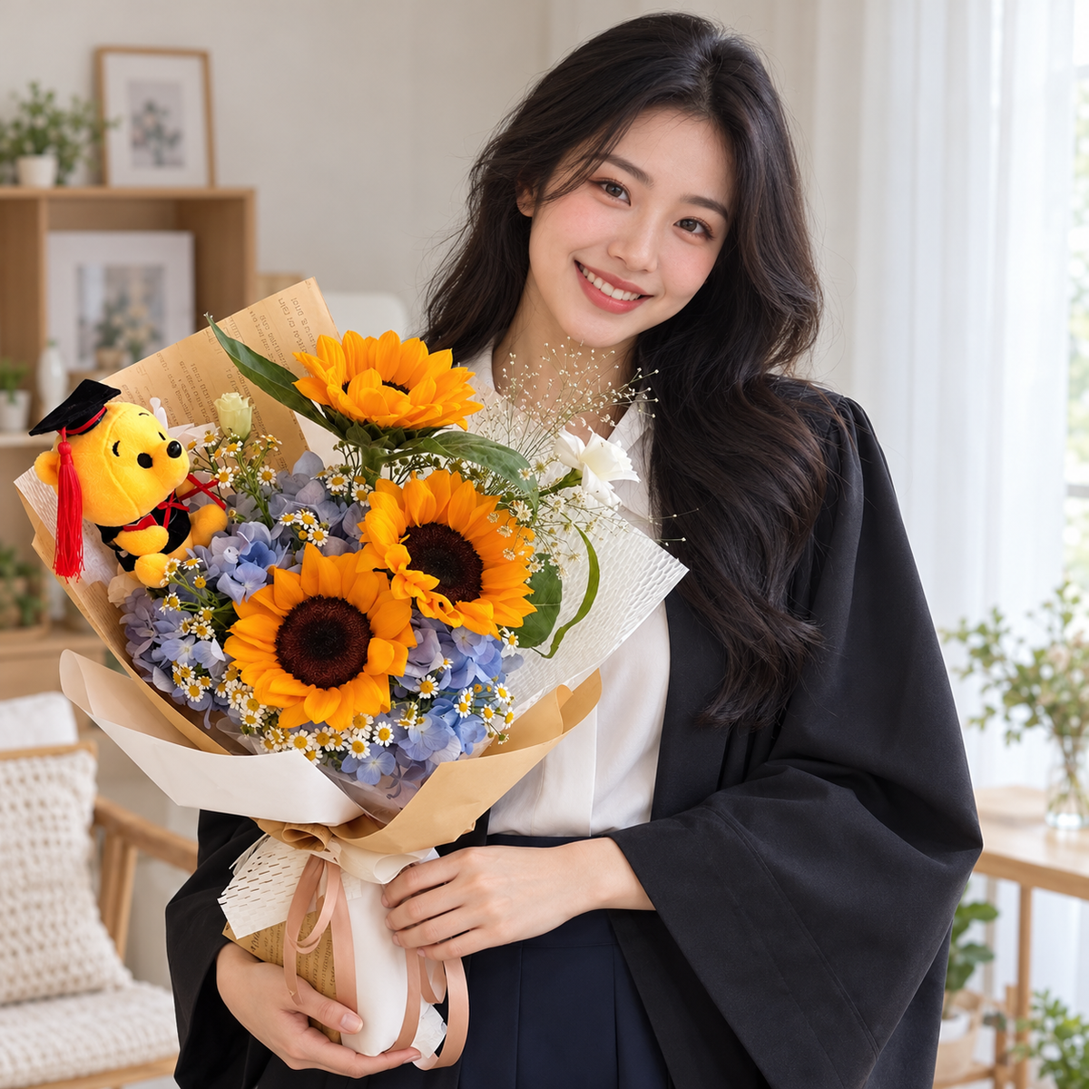 Scholar Sunflower Graduation Bouquet with Bear held by the recipient.