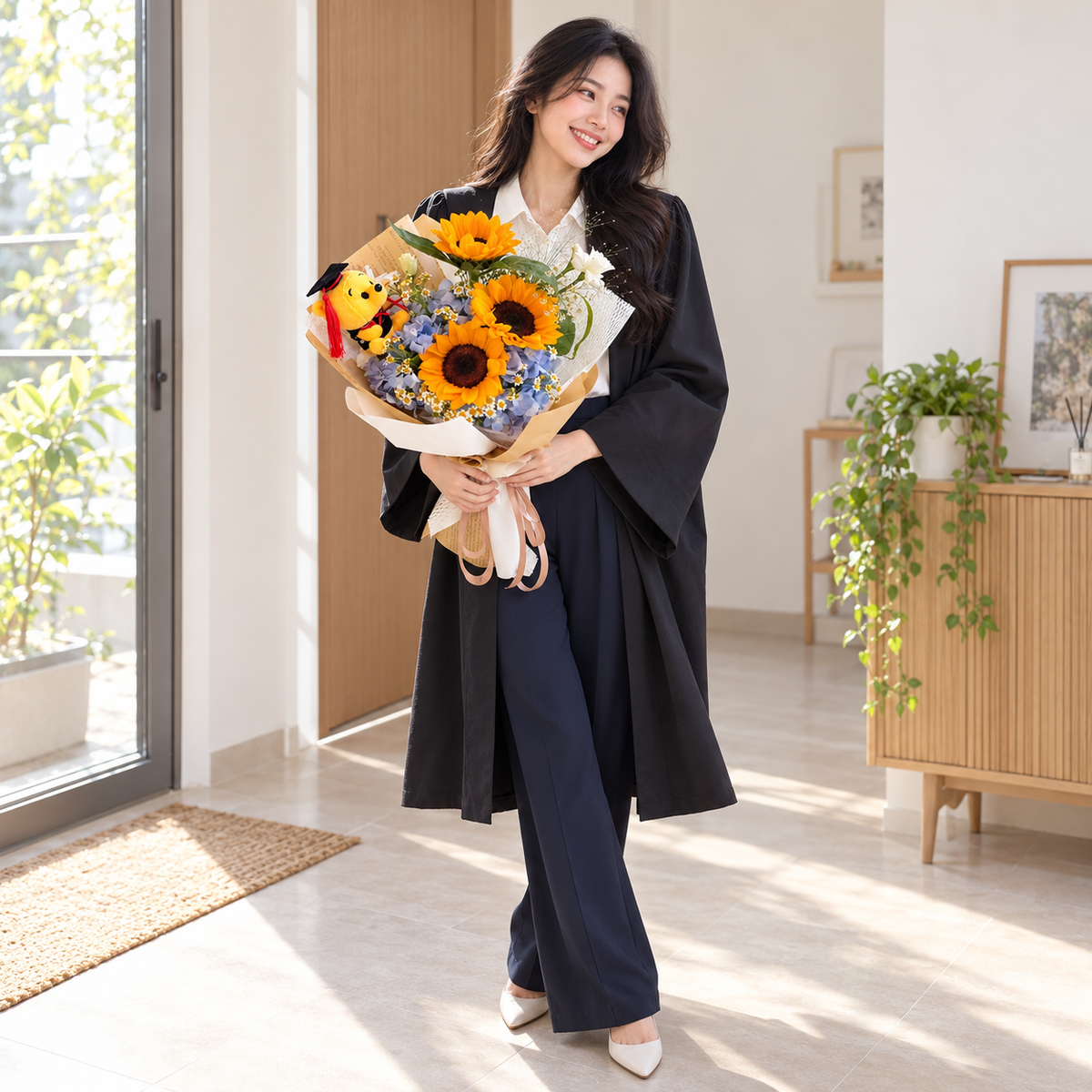 Scholar Sunflower Graduation Bouquet with Bear held by the same recipient in a wider standing pose.