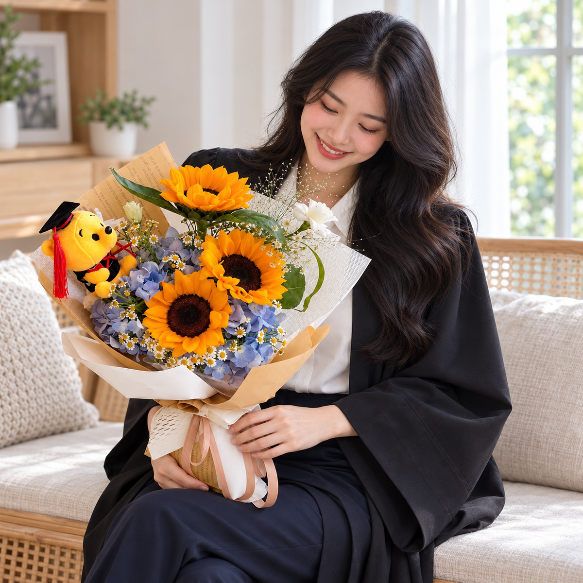 Scholar Sunflower Graduation Bouquet with Bear held by the same recipient in a seated candid pose.