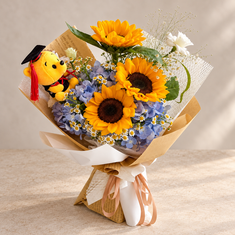 Scholar Sunflower Graduation Bouquet with Bear — alternate full product photograph in a neutral interior.