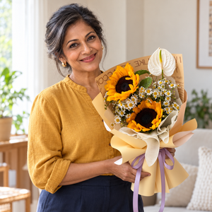 Shine Bright Sunflower Bouquet held by the recipient.