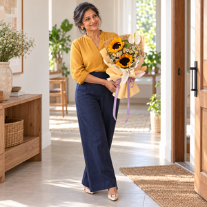 Shine Bright Sunflower Bouquet held by the same recipient in a wider standing pose.