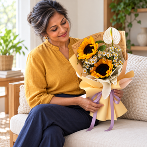 Shine Bright Sunflower Bouquet held by the same recipient in a seated candid pose.
