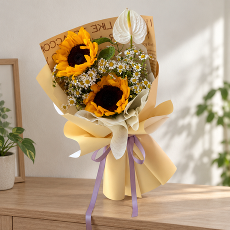 Shine Bright Sunflower Bouquet — alternate full product photograph in a neutral interior.