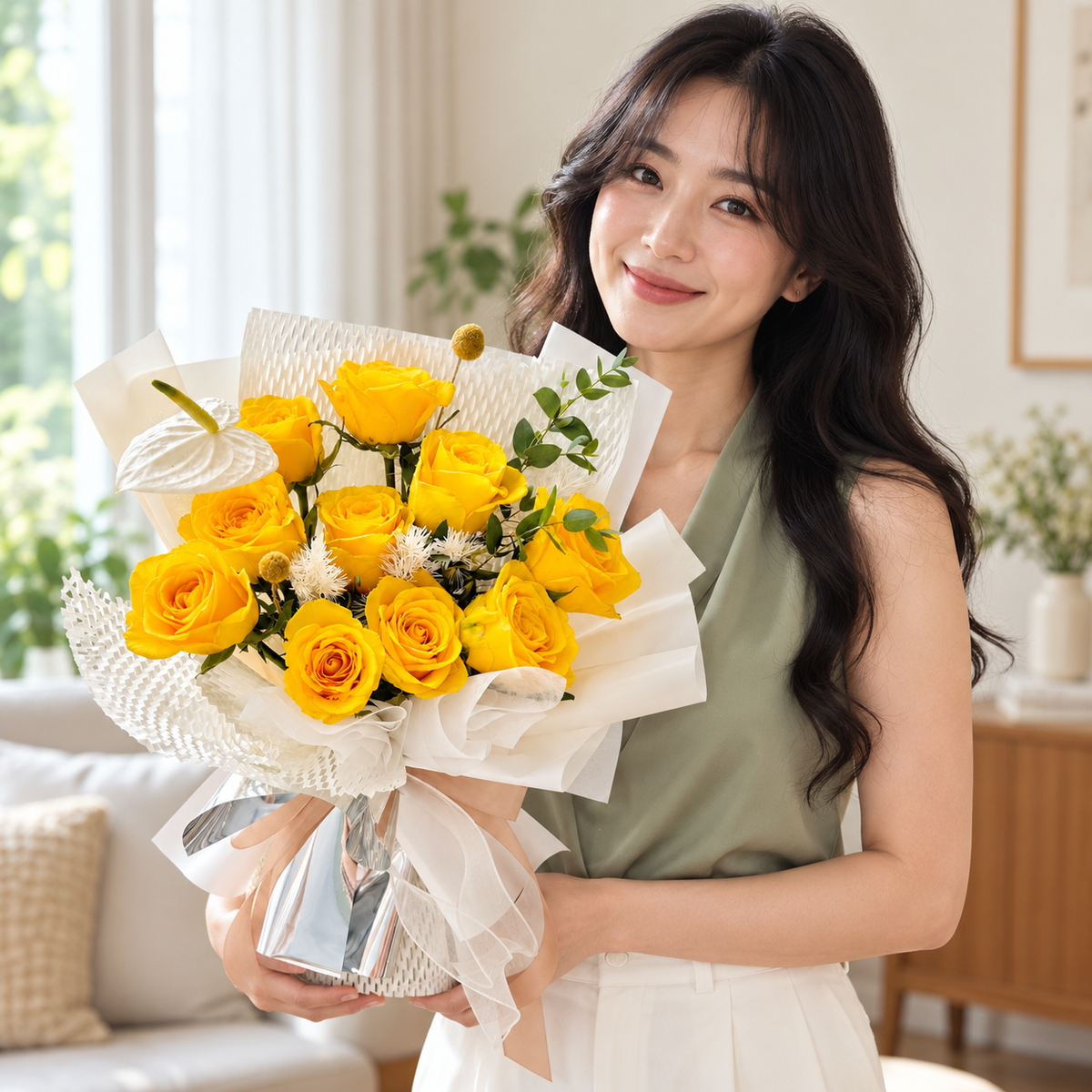 Shine Bright Yellow Rose Bouquet held by the recipient.
