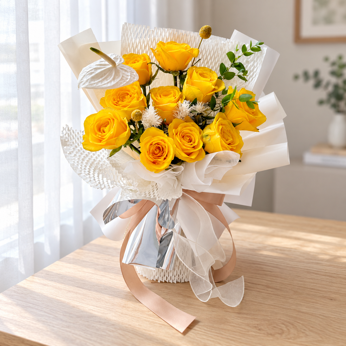 Shine Bright Yellow Rose Bouquet — full product photograph in natural window light.