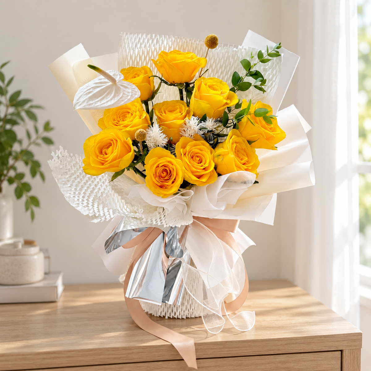Shine Bright Yellow Rose Bouquet — alternate full product photograph in a neutral interior.
