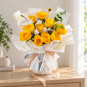 Shine Bright Yellow Rose Bouquet — alternate full product photograph in a neutral interior.