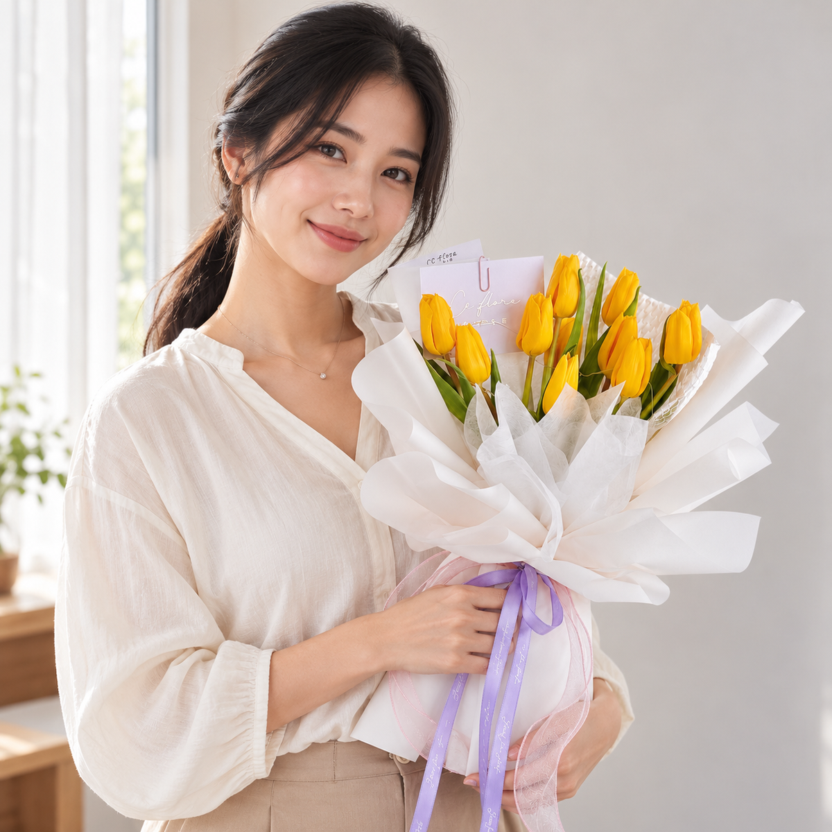 Sonata Yellow Tulip Bouquet held by the recipient.