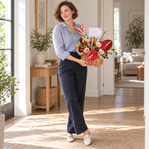 Souvenir Garden Anthurium & Rose Flower Basket — held by the same recipient in a wider standing pose.