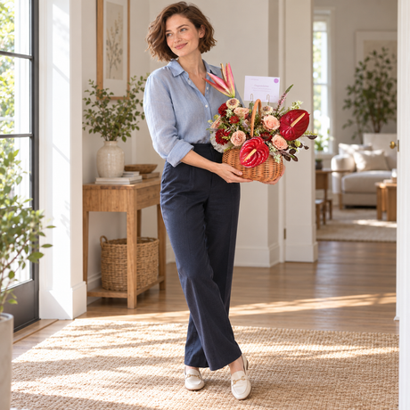 Souvenir Garden Anthurium & Rose Flower Basket — held by the same recipient in a wider standing pose.