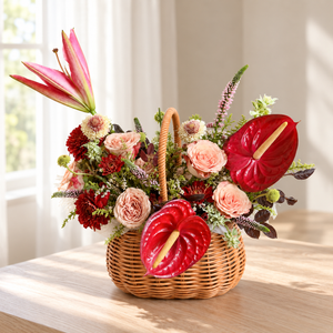 Souvenir Garden Anthurium & Rose Flower Basket — full product photograph in natural window light.