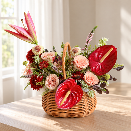Souvenir Garden Anthurium & Rose Flower Basket — full product photograph in natural window light.