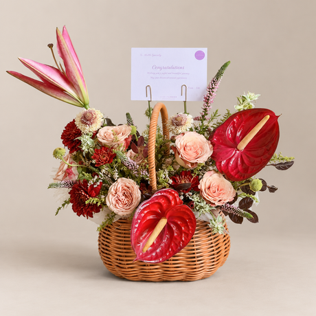 Souvenir Garden Anthurium & Rose Flower Basket — professional studio product photograph.